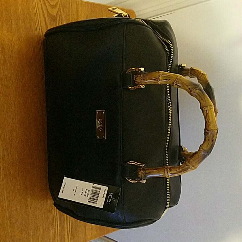 BCBG Black Leather Tote with Bamboo Handles NWT